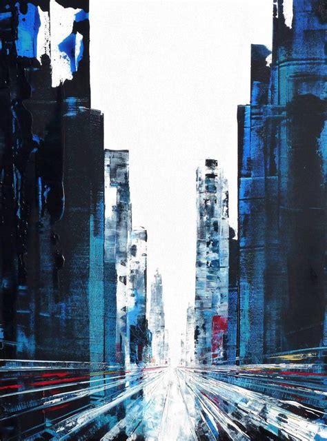 Dulm New York City Buildings Blue Tone City Painting Cityscape