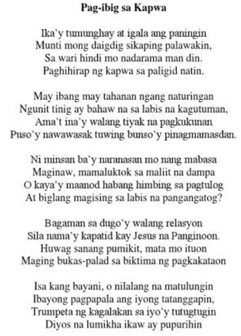 Tula Tungkol Sa Pagmamahal Sa Kapwa Bayan At Kalikasan Brainly Ph Hot