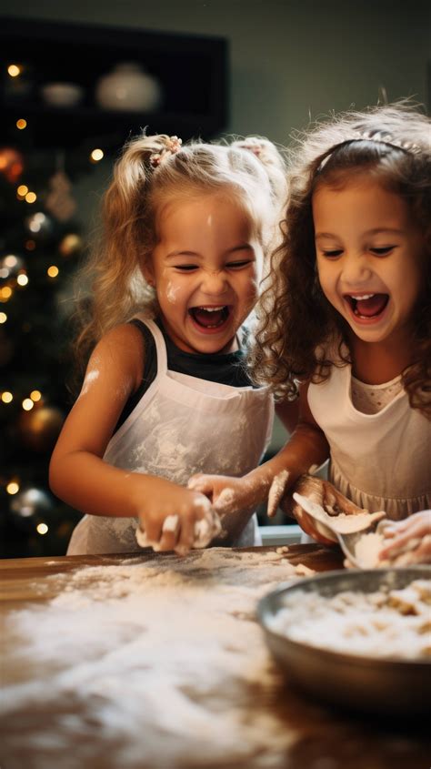 Two Young Girls Bake Holiday Cookies Together Laughing As They Mix Up Flour And Sprinkles At A