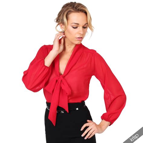 Womens Ladies Chiffon Blouse Long Sleeve Pussy Bow Top Plain Shirt Office Party Ebay