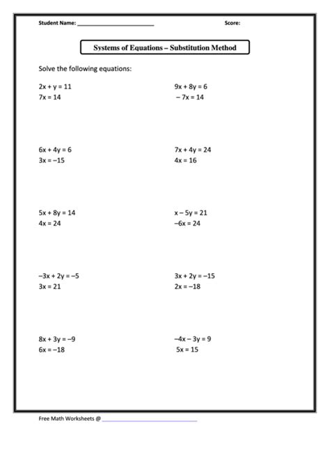 Systems Of Equations By Substitution Worksheet