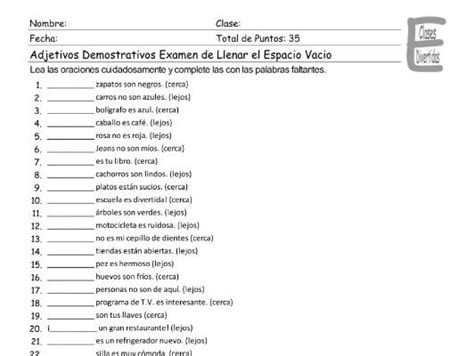 Demonstrative Adjectives Spanish Worksheet