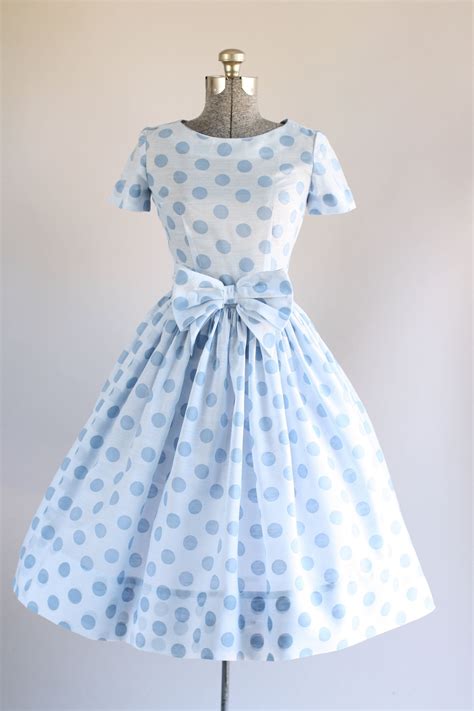 Vintage 1950s Dress 50s Cotton Dress Blue Polka Dot Party Dress W