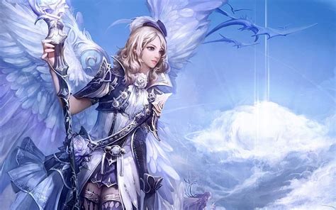 hd wallpaper sky angel white sash wings hat staff women fantasy wallpaper flare