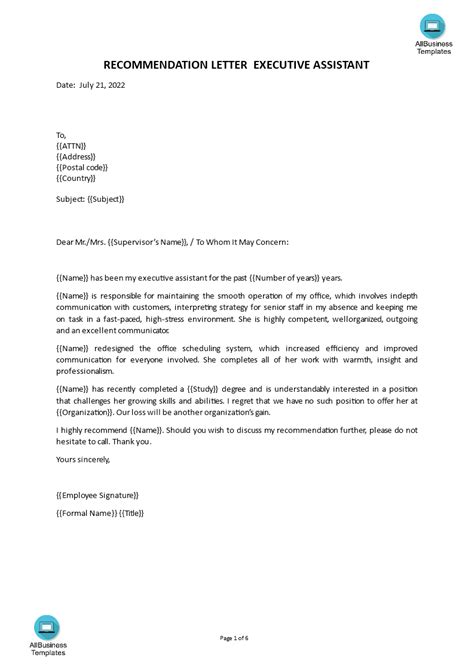 sample executive assistant recommendation letter templates at