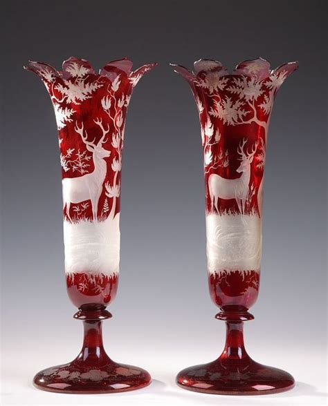 Treasures And Beauty “ 19th Century Pair Of Bohemian Red Crystal Vases With Deer” Antique