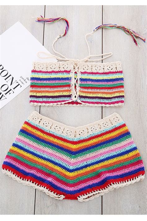 Multicolor Knitted Tassels Bikini Set Crochet Top Tassel Bikini Set