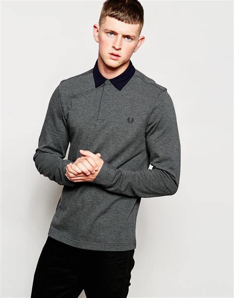 Fred Perry Long Sleeve Polo Shirt With Woven Trim In Gray For Men Lyst