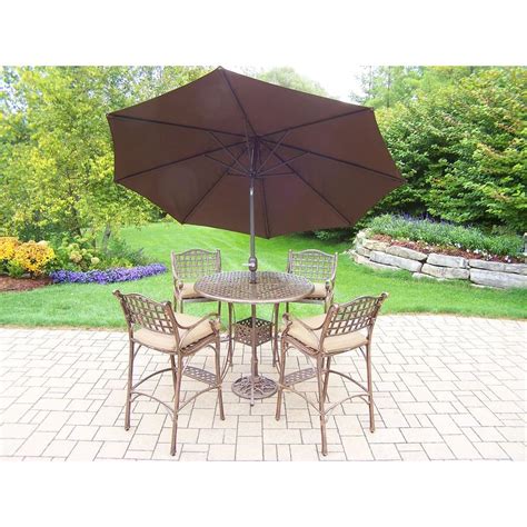 W/ umbrella hole, wood/metal in walnut, size 30 h x 70 w x 27 d | wayfair. Oakland Living Elite Cast Aluminum 7-Piece Round Patio Bar ...