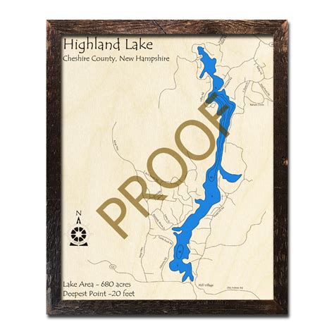 Highland Lake Cheshire County Nh 3d Wood Topo Map