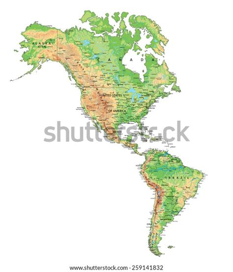 High Detailed Americas Physical Map Labeling Stock Vector Royalty Free