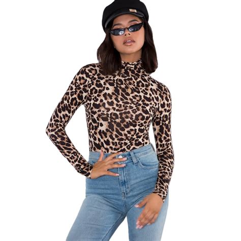 Women Bodysuit Rompers Leopard Print Turtleneck Bodycon Autumn Winter Long Sleeve Skinny Sheer