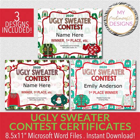 Ugly Sweater Contest Certificate Set Descarga Instantánea Etsy