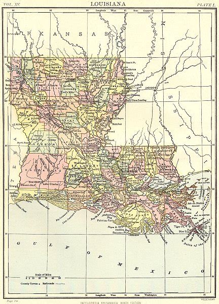 Louisiana State Map Showing Parishes Britannica 9th Edition 1898 Old