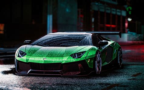 Download Wallpapers 4k Lamborghini Aventador Rain Tuning Supercars Green Aventador Italian