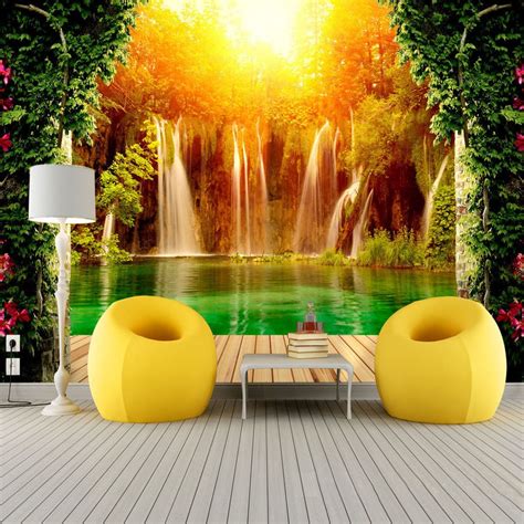 Customized Size 3d Non Woven Photo Wallpaper Waterfall Natural