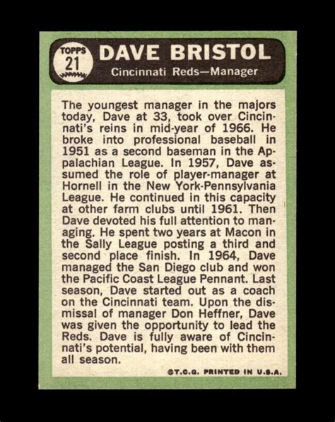 1967 Topps Set Break 21 Dave Bristol Nr Mint Gmcards Ebay