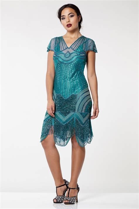 Teal Flapper Dress - Green Beaded Dress