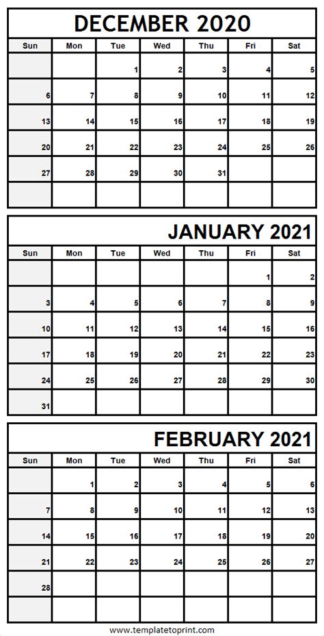 Three Month December 2020 To February 2021 Calendar Pinterest