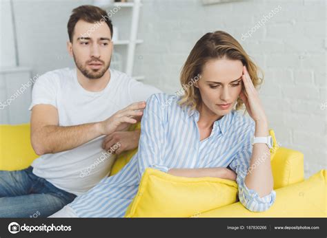 Man Trying Calm Upset Girlfriend Modern Room Stock Photo By