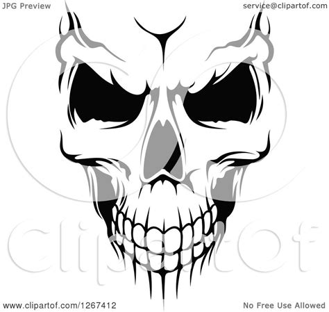 Clipart Of A Black And White Human Skull With An Evil