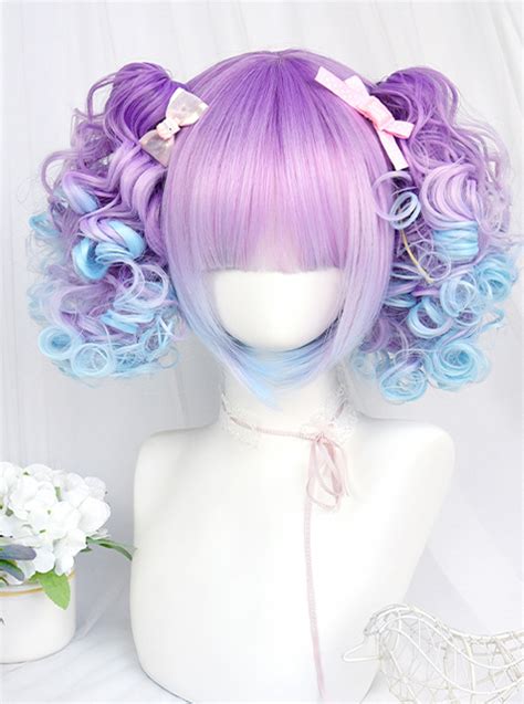 Dreamy Gradient Blue Purple Cute Doll Curly Double Ponytail Wig Sweet