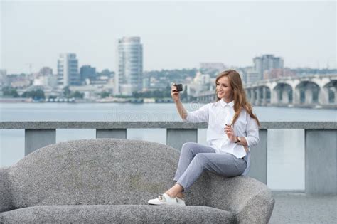 Trendy Young Woman Taking A Selfie In The City Stock Photo Image Of