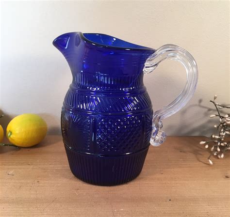 Vintage Mma Pressed Colbalt Blue Glass Pitcher By Thetravelingtwins On Etsy Blue Glass Pitcher