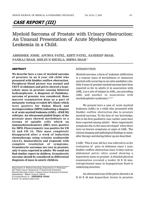 Pdf Myeloid Sarcoma Of Prostate With Urinary Obstruction An Unusual