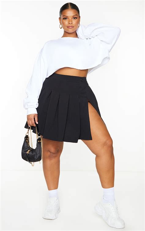 Plus Black Pleated Side Split Tennis Skirt Prettylittlething Sa