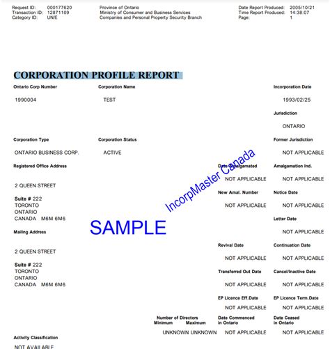 Corporation Profile Report Regular Ontario Incorpmaster
