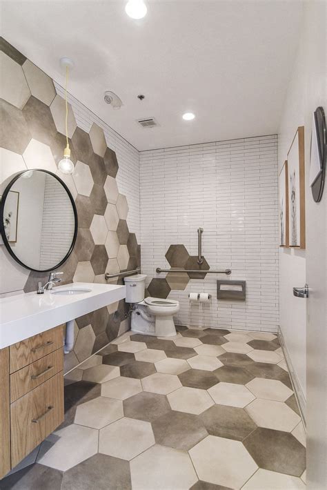The ability to mix and match patterns, not to mention choose from wood and stone designs, as well as metallic surfaces and other unique finishes, allows a designer the creative freedom to. Pin by Blue Northern on Commercial Restrooms | Restroom design, Flooring, Design