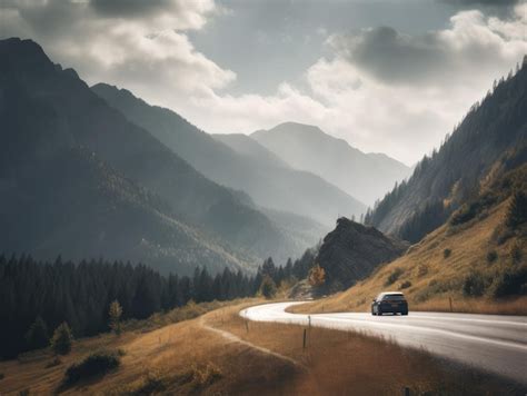Premium Ai Image A Mountain Landscape With A Car Driving Down The