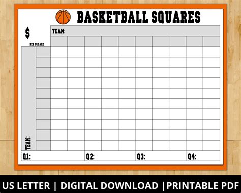 Printable Basketball Squares Game Basketball Pool Grid 100 Squares