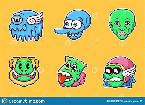 Cool Sticker Pack Of Funny Cartoon Head Character Vector Icon