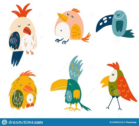 Parrots Set Cartoon Cute Various Parrots Exotic Birds Great For