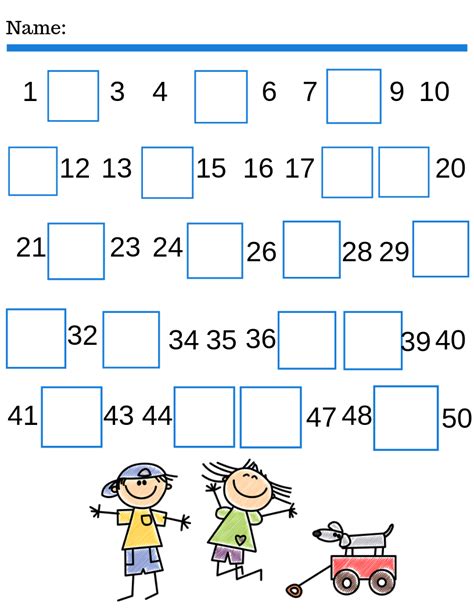 Fill in the missing numbers between 1 to 50. Kindergarten free math printable. Write the missing number ...
