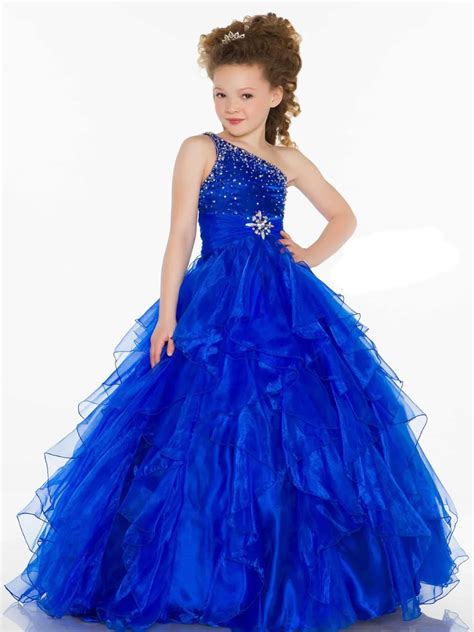 2017 new royal blue haute couture one shoulder crystals ball gown tulle flower girl dresses