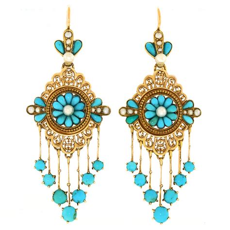 Antique French Turquoise Gold Chandelier Earrings For Sale At 1stdibs