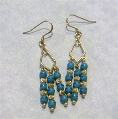 Turquoise And Corrugated Silver Chandelier Earrings In Silver