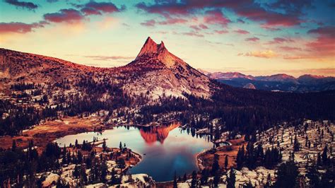 Mountain Trees Snow Clouds Water Valley Lake Sunset