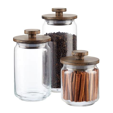 Artisan Glass Canisters With Walnut Lids In 2020 Glass Canisters Glass Jars Jar Storage