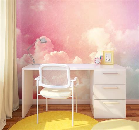 An Ombre Cloud Wallpaper Mural Brings A Magical Quality To A Girls Bedroom We Love The