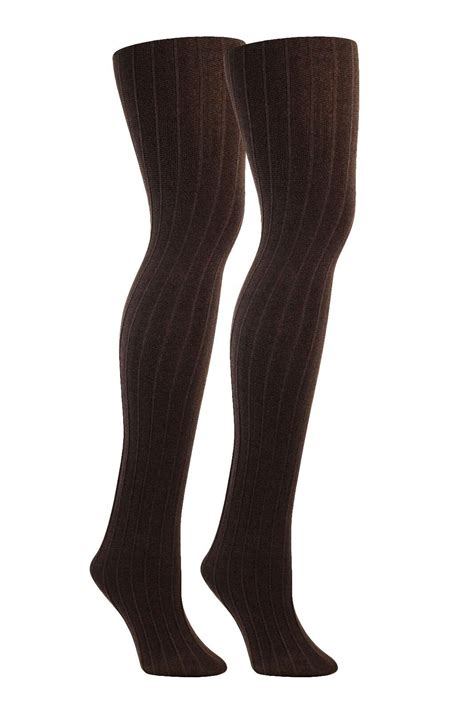 Womens Fleece Lined Ribbed Tights 2 Pack Brown Ebay