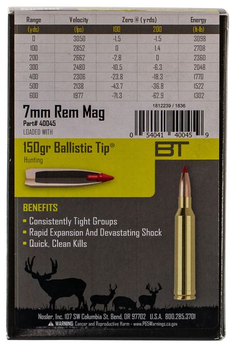 Nosler 40045 Ballistic Tip Hunting 7mm Rem Mag 150 Gr Ballistic Tip