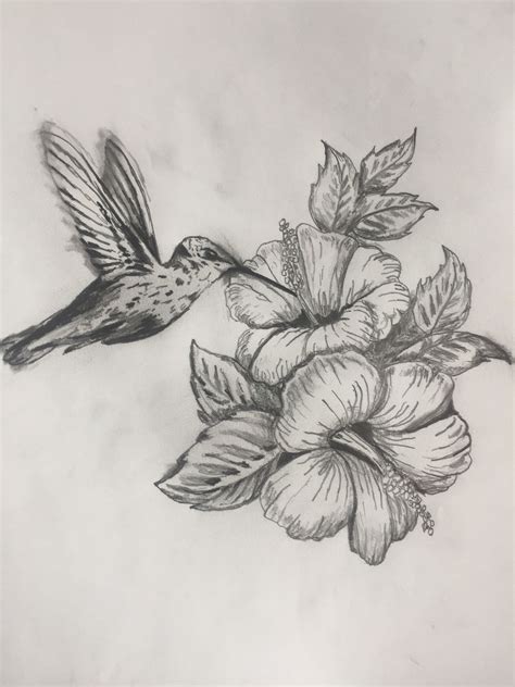 Black And Gray Hummingbird Flower Tattoo