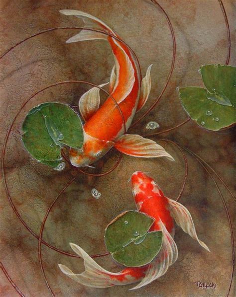 Two Orange And White Koi Fish Swimming In Water