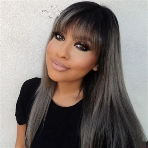 Lace Front Wigs With Full Bangs Long Brazilian Virgin Silk Straight Ombre Grey Full Lace Ombre