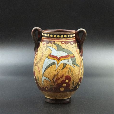 Greek Minoan Terracotta Vase Two Handled Vessel With Hand Painted