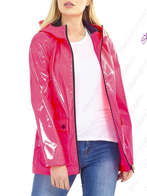 Womens Rain Mac Waterproof Patent Raincoat Jacket 8 10 12 14 16 Neon Pink Ebay